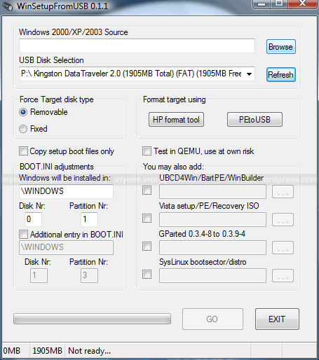 Install Windows XP by USB pendrive Winusb01